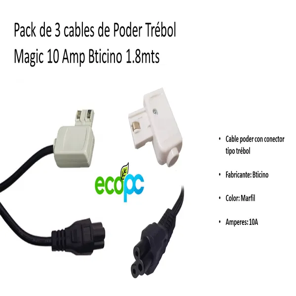 Cable-de-Poder-Trebol- Pack 3 cables de Poder Trébol Magic 10 Amp Bticino 1.8mts (seminuevo) - Imagen 1
