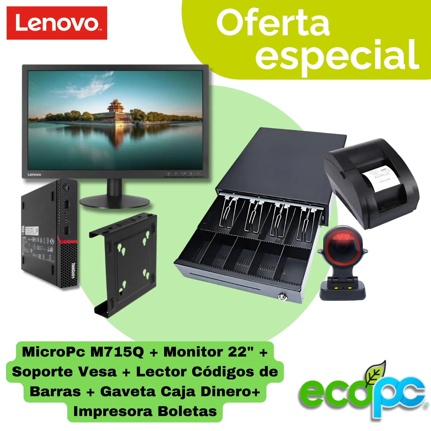 Combo Pos Kit Punto de Venta Completo con Lenovo ThinkCentre M715q + Monitor 22” + Pack POS KC-8001+ - Imagen 1